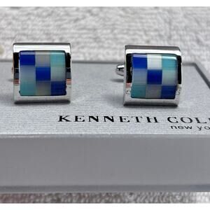 Kenneth Cole New York Mens CuffLinks Blue White Checkered Silver New NWT